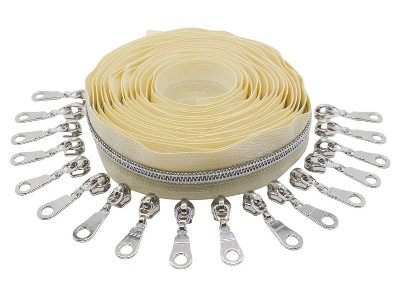 YaHoGa #5 Silver Metallic Nylon Coil Zippers by The Yard Bulk Beige Tape 10 Yards with 25pcs Pulls for DIY Sewing Tailor Craft Bag (Beige) - Image 3